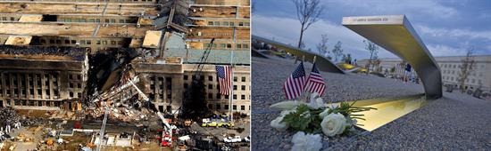 (Left) Pentagon on day of attacks, (Right) Penatgon Memorial 10 Years Later